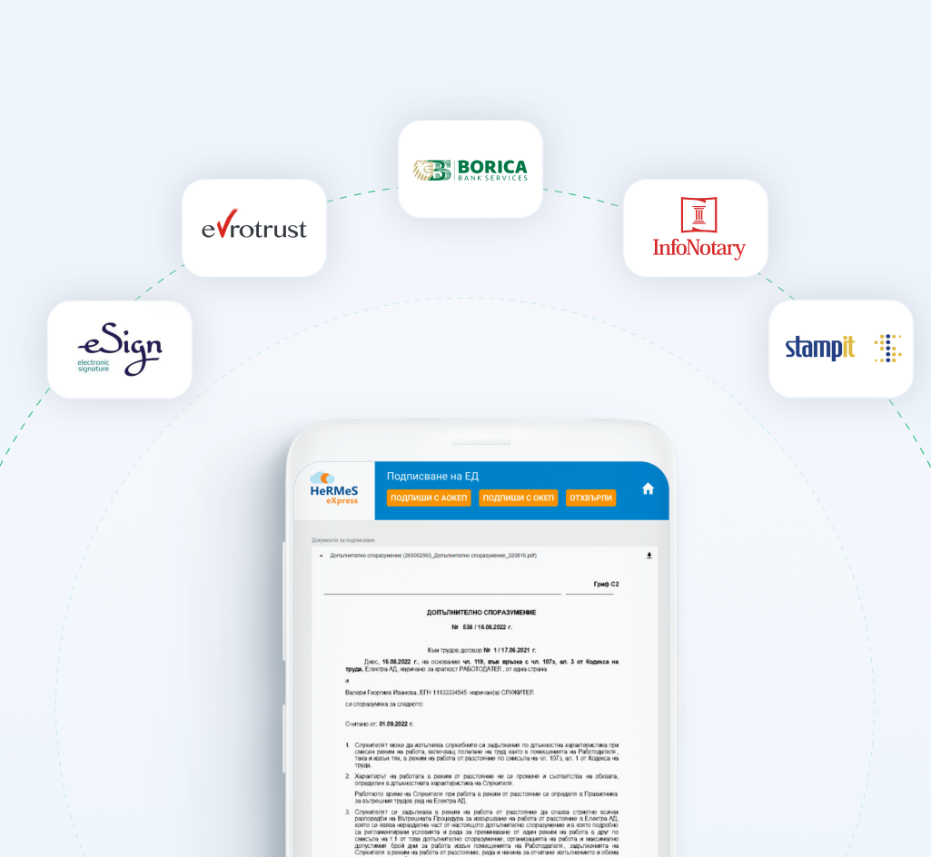 Електронното трудово досие на HeRMeS eXpress се интегрира безпроблемно с водещите доставчици на КЕП, ОКЕП, АОКЕП подписи
